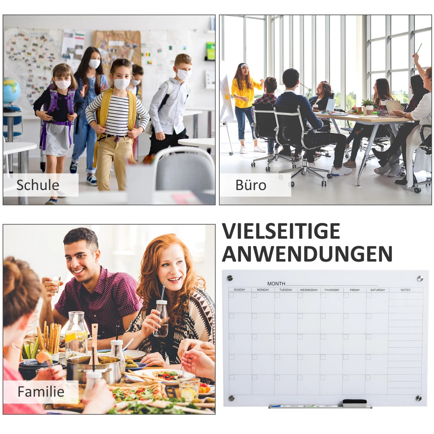 Vinsetto Kalendertafel Whiteboard aus Glas, weiße Wandtafel für Büro, Schule und Zuhause.