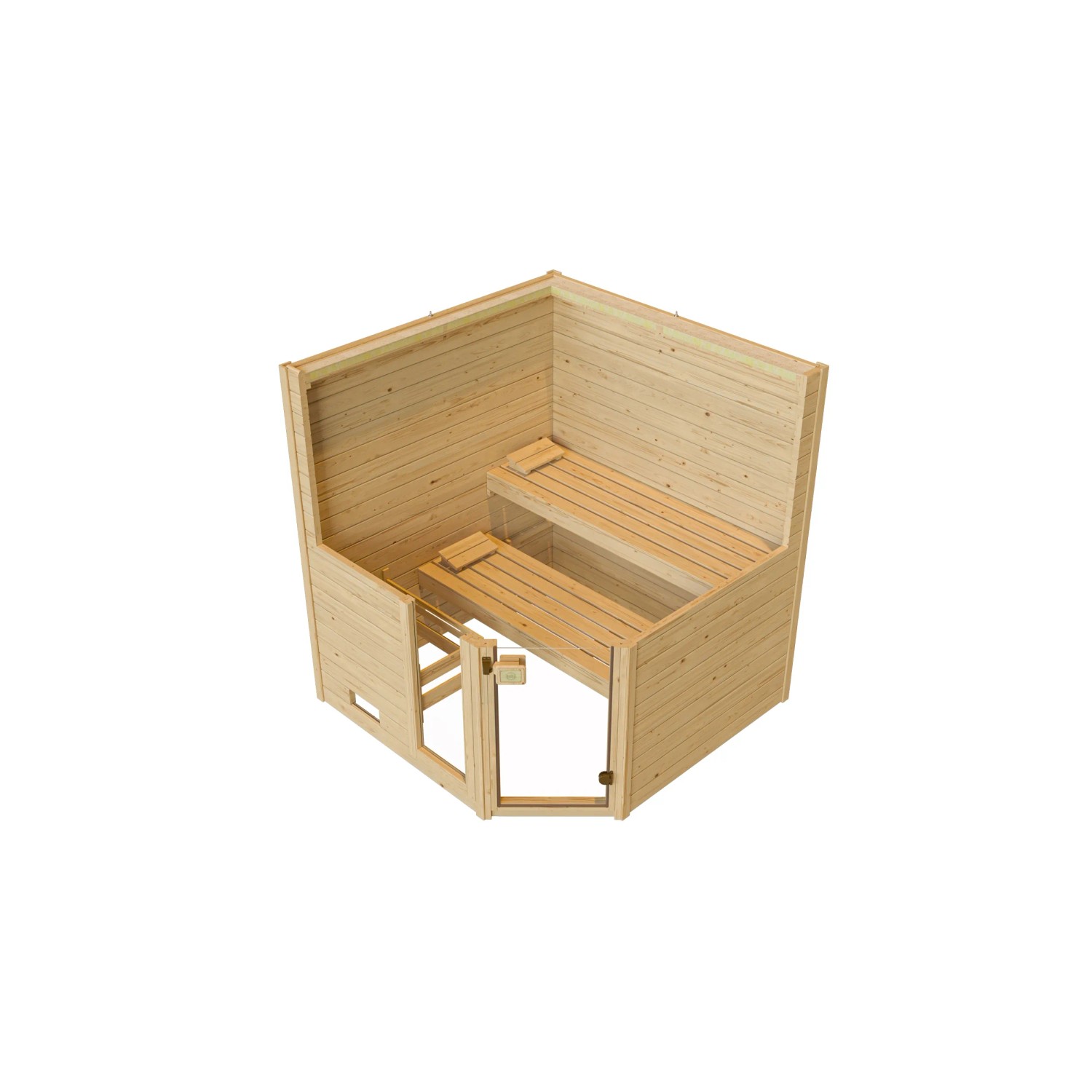 Weka Massivholzsauna Valida Eck mit Glastür, Fenster und Saunaofen (7,5 kW) im Sparset.