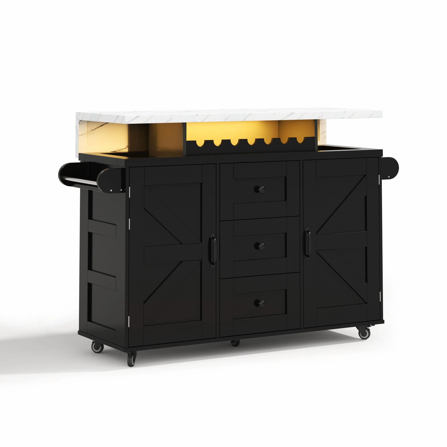 okwish Kücheninsel mit Klappbarer Arbeitsplatte 5 Rädern Weingestell Küche 120x42x93cm Schwarz