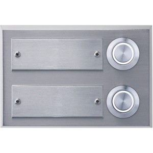 Zweifacher LED-Klingeltaster aus Echtmetall mit Namensschildern für die Aufputzmontage.