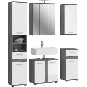 6-teiliges Badmöbel-Set Blake in Hochglanz Weiß mit Spiegelschrank, Waschbeckenunterschrank und Hochschrank.