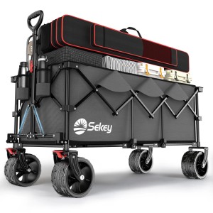 Sekey XXXL Bollerwagen, faltbar, 300L, Anthrazit, beladen mit Campingausrüstung.
