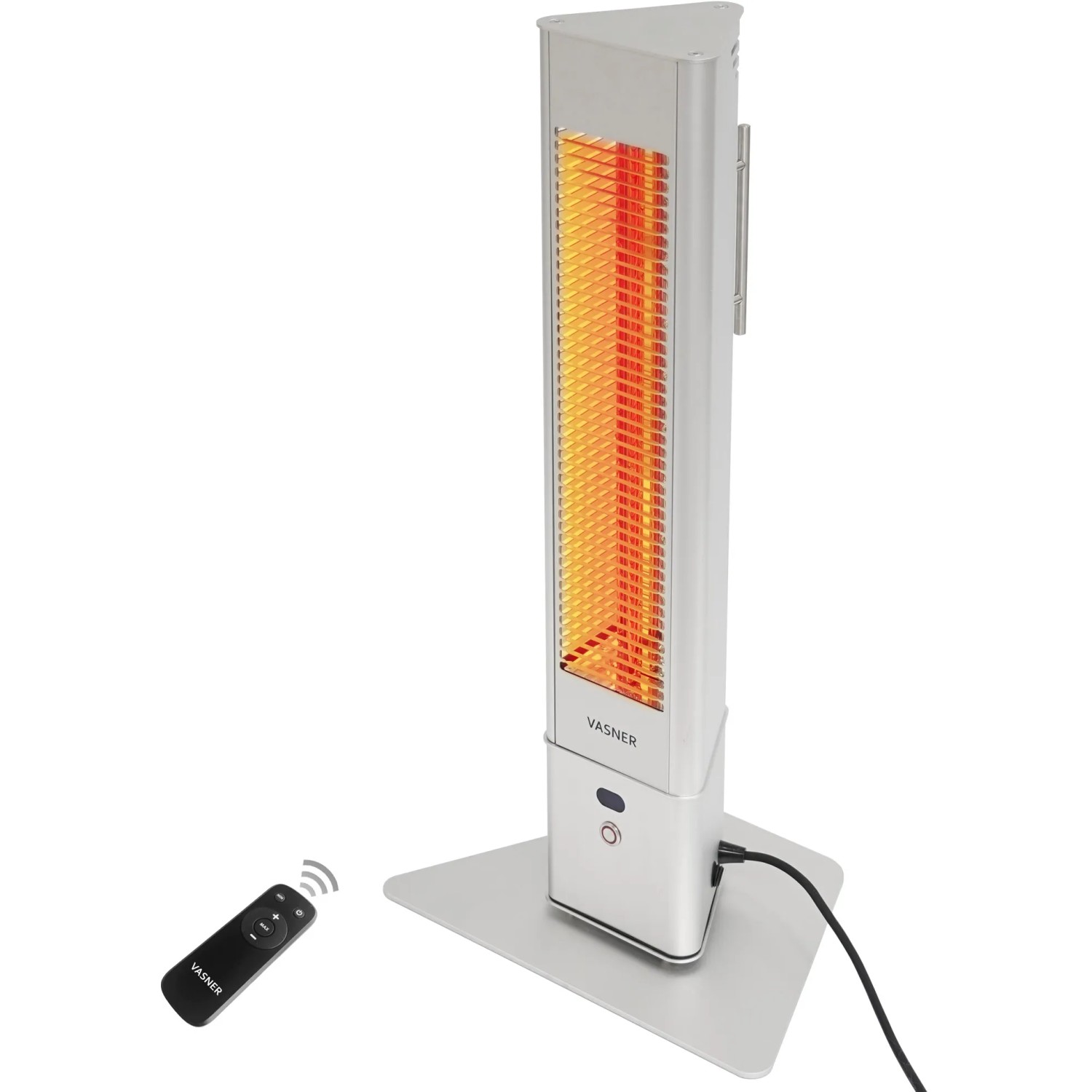 Vasner HeatTower Mini Infrarot-Heizstrahler, 1500W, silberner Standheizstrahler mit Fernbedienung.