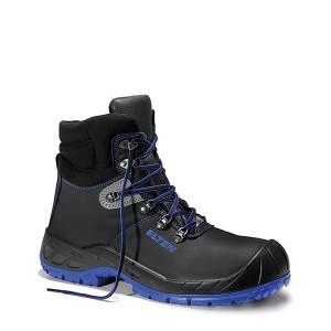 Schwarzer Elten Sicherheitsschnürstiefel Alessio XW Mid ESD S3 Gr. 43 mit blauer Sohle.