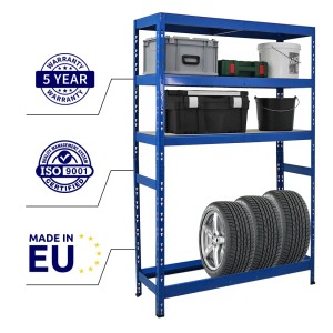 Blaues PROREGAL Reifenregal Tiger mit Reifen und Ablageflächen, 180x120x40 cm.