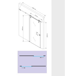 Technische Zeichnung: Glasschiebetür 775 mm mit Maßen. Glastür für Zimmertüren mit Edelstahlsystem.