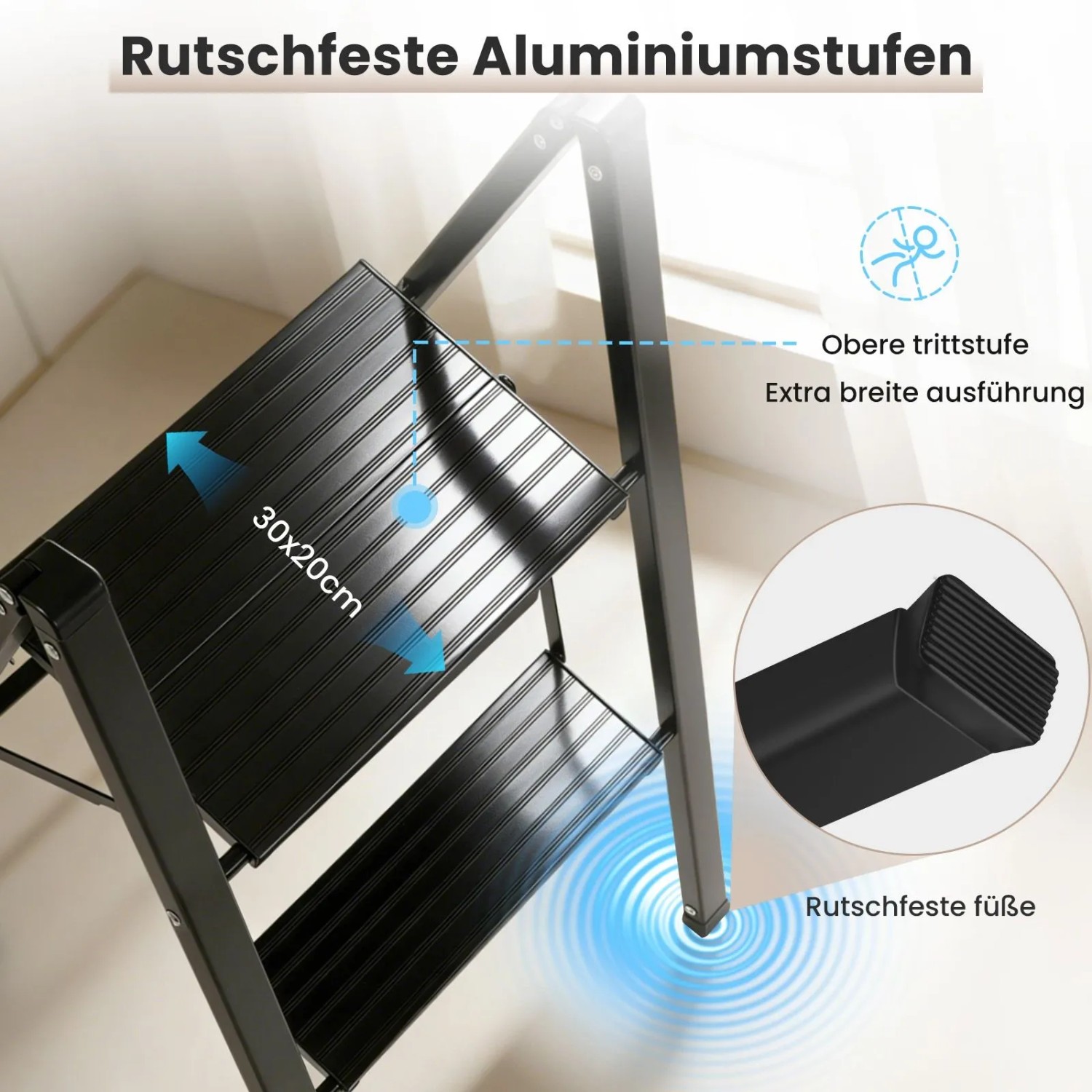 Sekey Klapptritt: 2 schwarze, rutschfeste Aluminiumstufen und Gummifüße für sicheren Stand. Belastbar bis 150 kg.