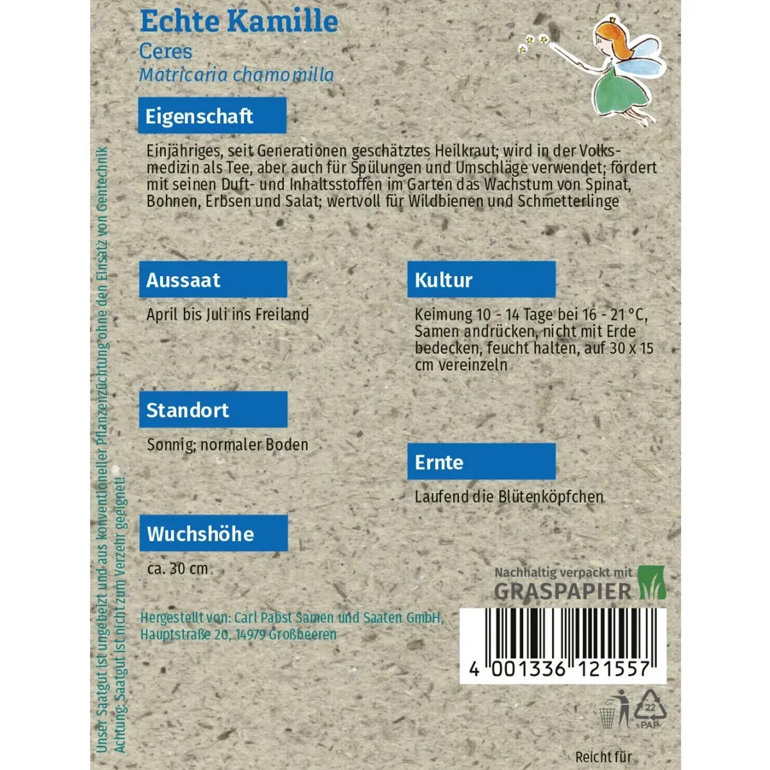 Grüne Fee Echte Kamille Samen von Ceres: Heilkraut für Garten & Tee, in nachhaltiger Verpackung.