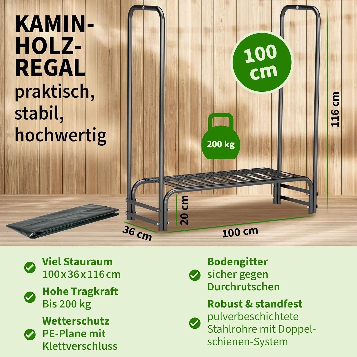 TTL GARDEN Kaminholzregal S aus Stahl mit Schutzplane für Innen und Außen.