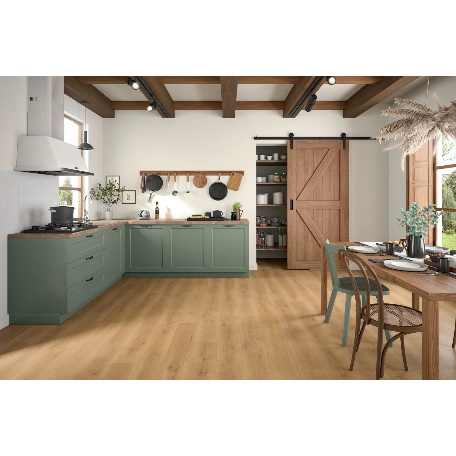 Helle Küche mit braunem Egger NatureSense Aqua Laminatboden in Holzoptik.