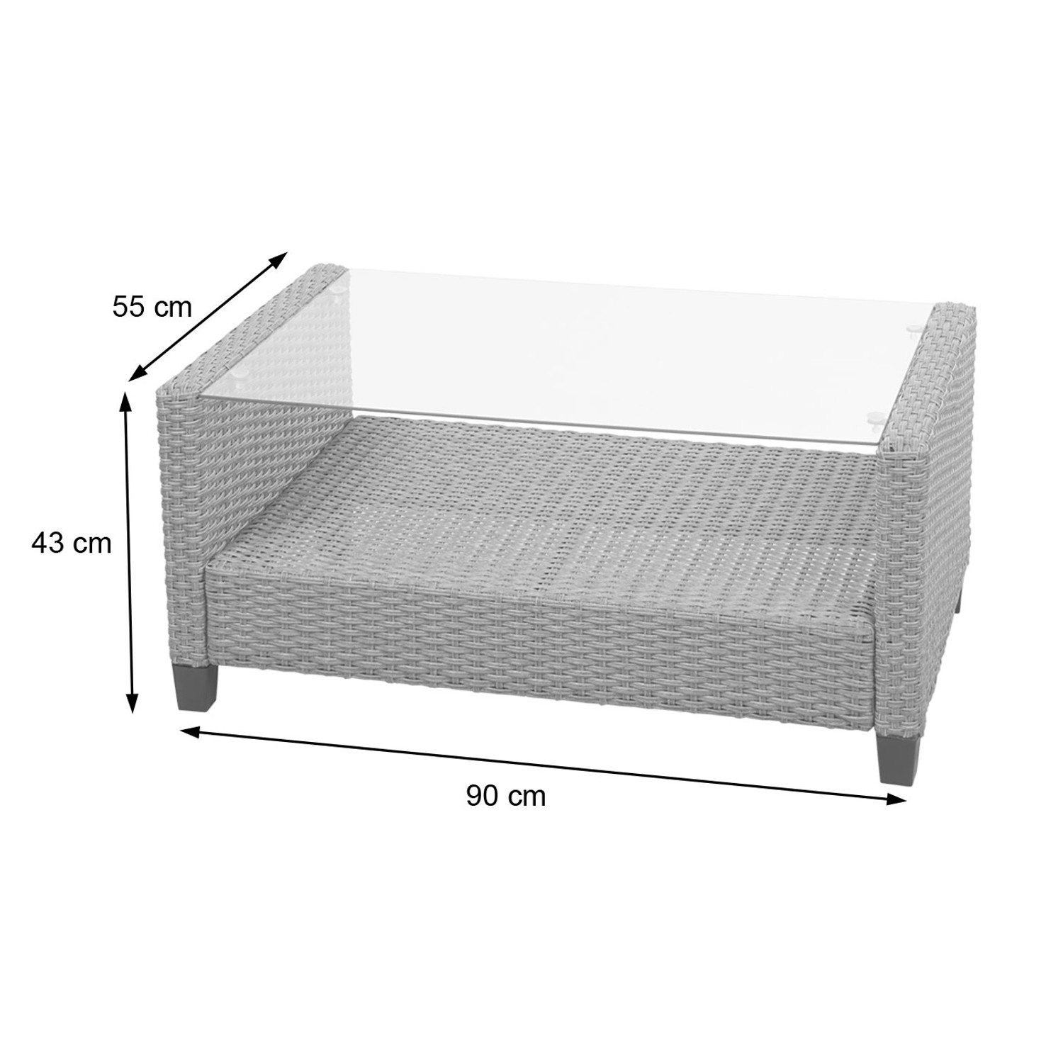 Detailansicht Tisch der MCW XXL Poly-Rattan Garnitur in Grau-Braun mit Glasplatte und Maßangaben.