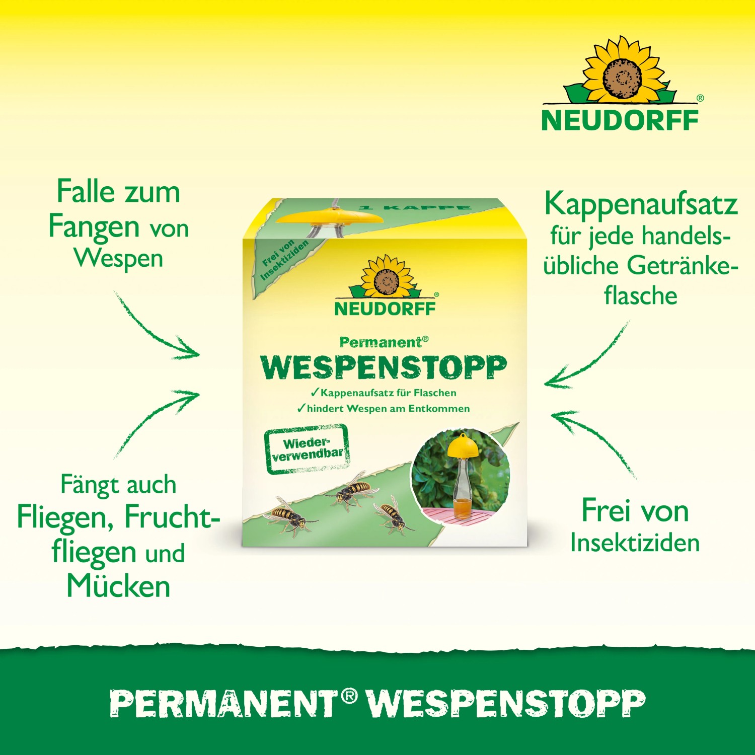 Neudorff Wespenstopp Permanent: Wespenfalle mit Flaschenaufsatz, wiederverwendbar und insektizidfrei.