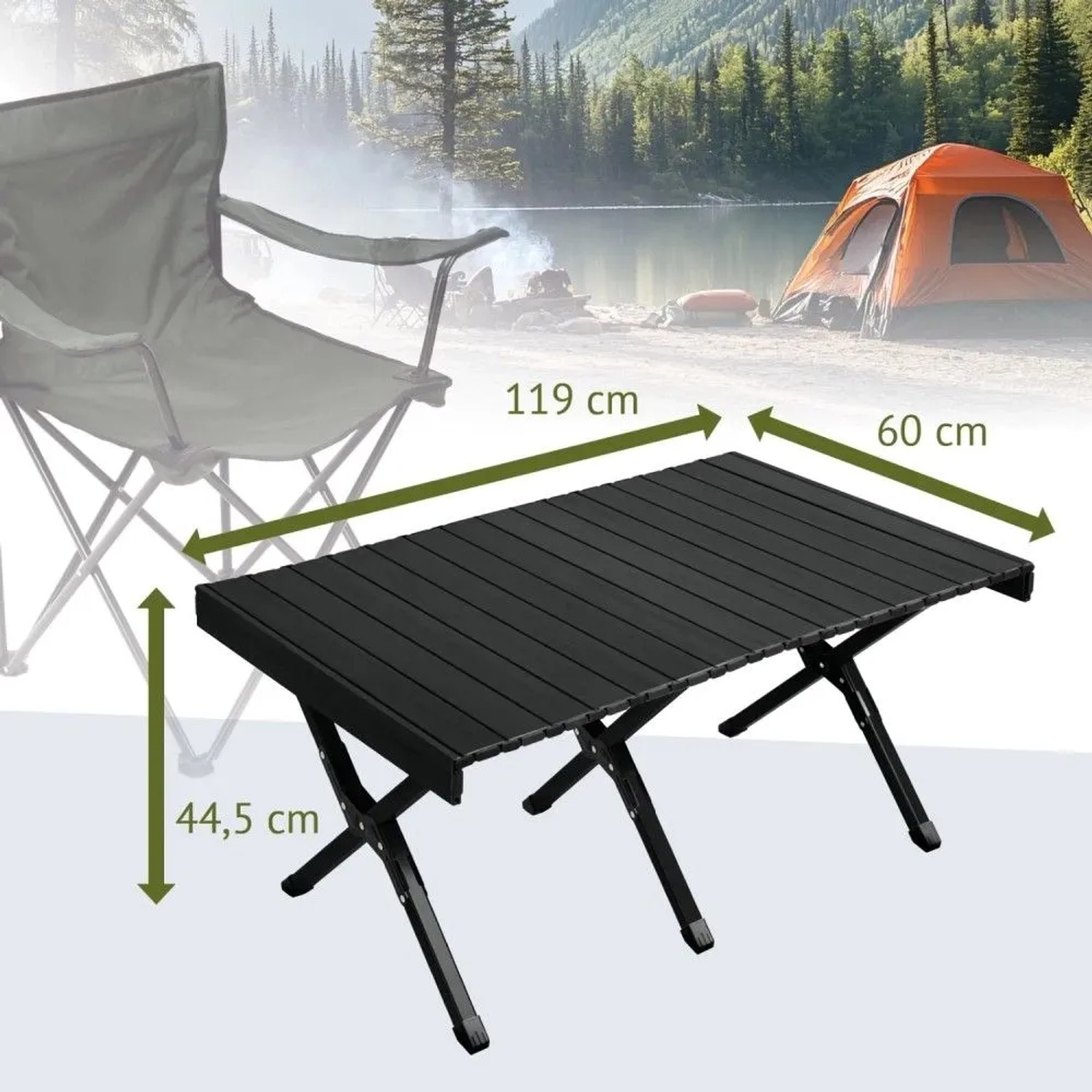 Schwarzer Jawinio Campingtisch aus Aluminium, klappbar, mit Maßen 119x60x44,5 cm, vor Campingkulisse.