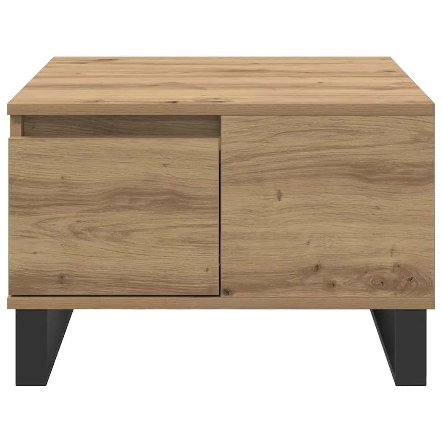Quadratischer Couchtisch in Artisan Eiche mit Schublade und Ablagefach.