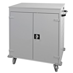 Lichtgrauer PROREGAL Notebookwagen mit 16 Fächern, abschließbar und mobil.