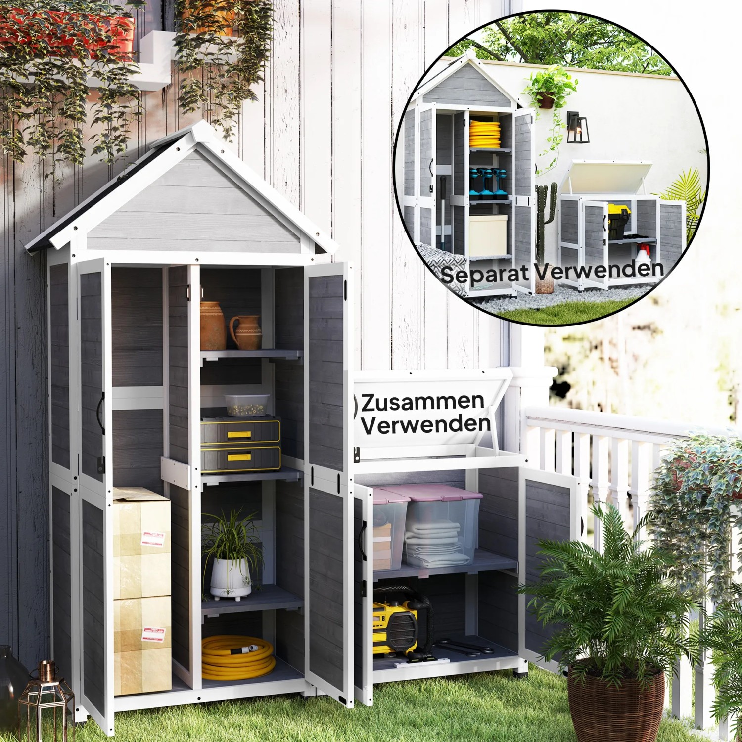 Outsunny Gartenschrank aus Tannenholz, hellgrau, mit Regalen und Stauraum für Werkzeuge.