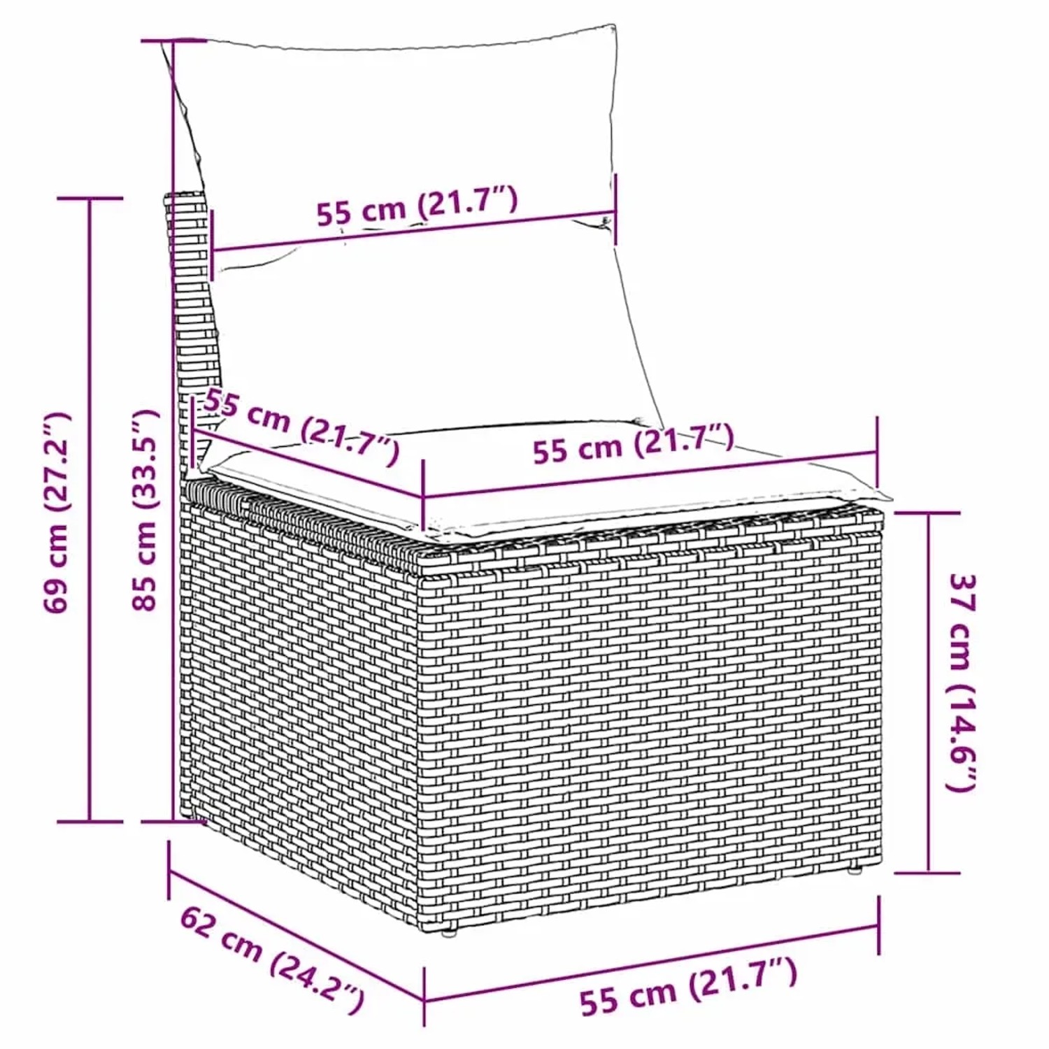 Skizze des vidaXL Garten-Sofa-Sets, Maße für Planung. Poly Rattan, grau.