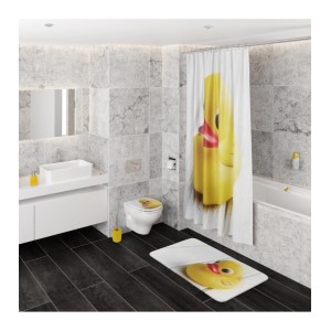 Badezimmer mit Deko-Elementen im Enten-Design: Duschvorhang, Badematte, WC-Sitz. Sanilo Abflussstöpsel Ente nicht sichtbar.