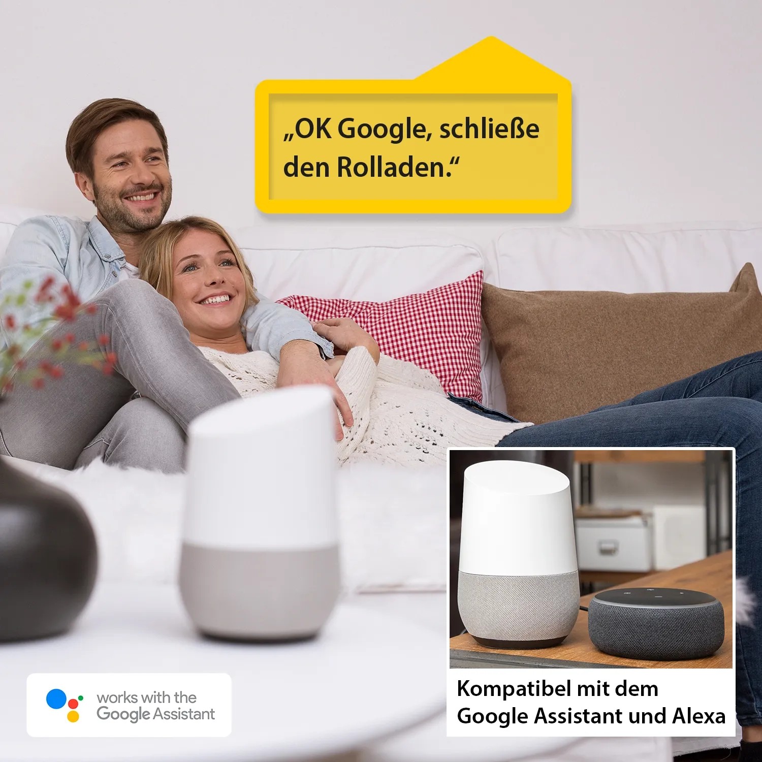 Schellenberg Funk-Rolladenmotor Mini Premium mit Sprachsteuerung über Google Assistant und Alexa.