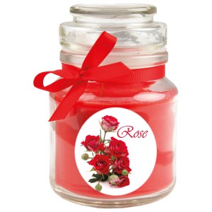 Duftkerze Rose im Glas mit roter Schleife, Ø7cm. Dekorative Kerze für entspannte Atmosphäre.