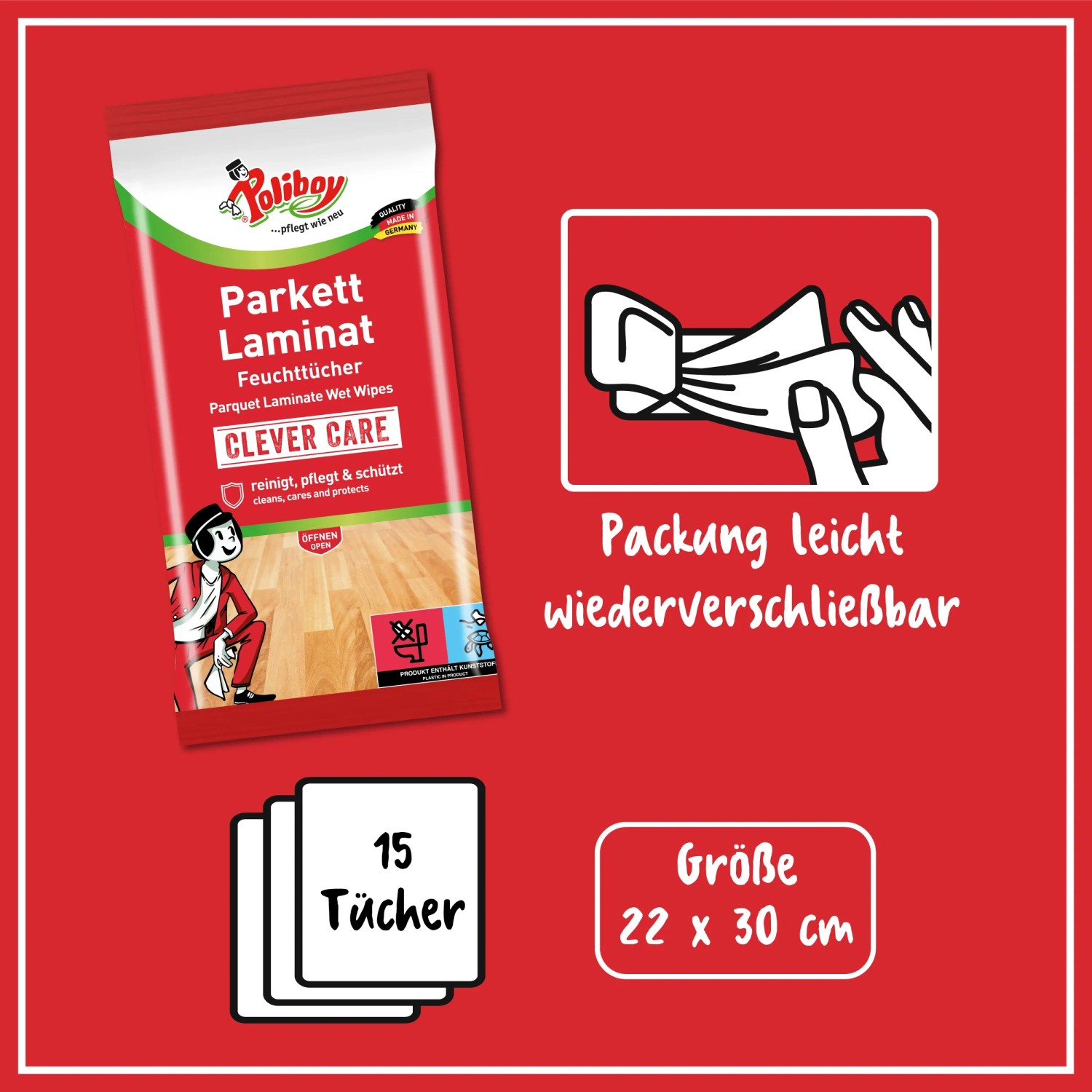 Poliboy Parkett Laminat Feuchttücher, 15 Stück. Reinigungstücher für Parkett und Laminat.