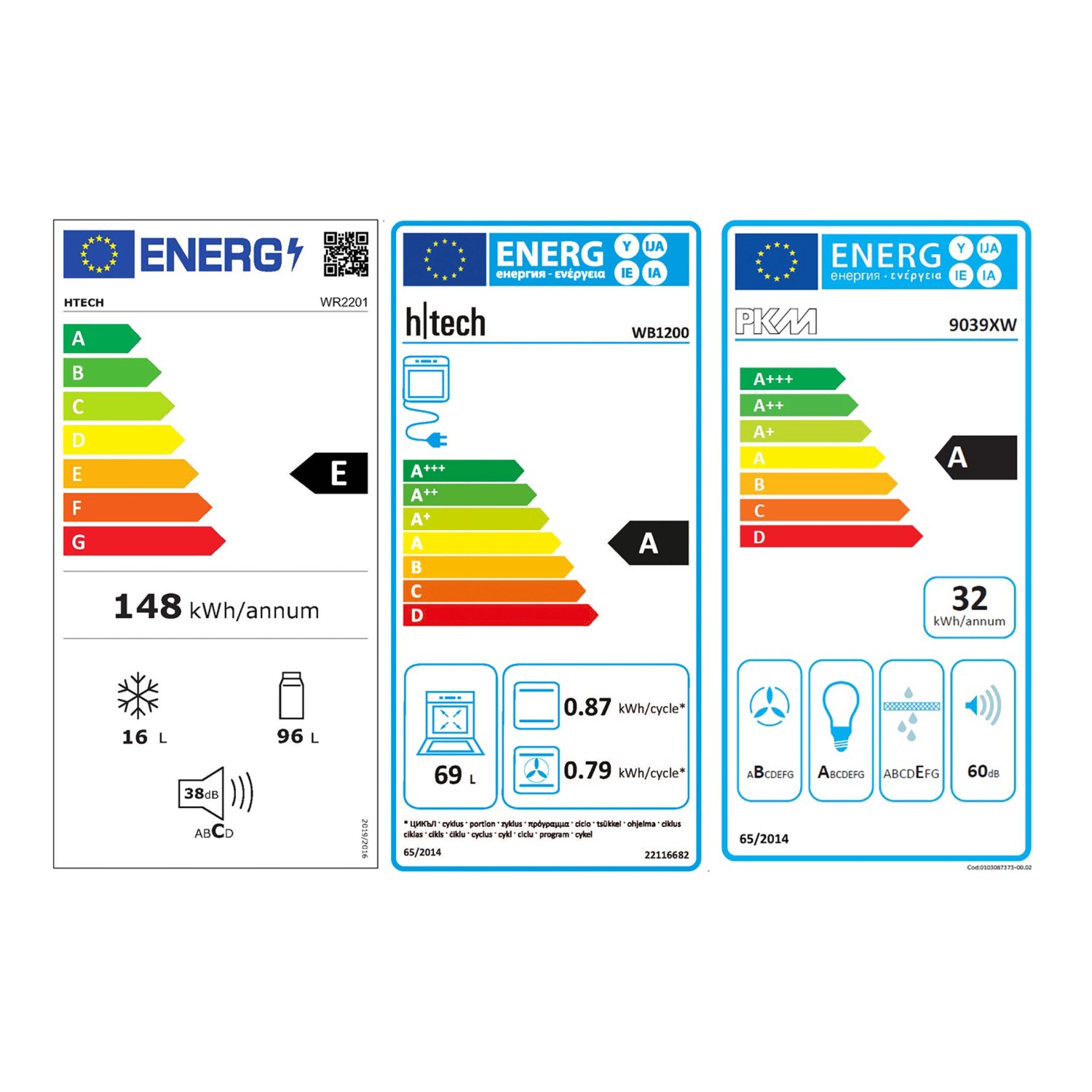 Energieetiketten verschiedener Kühlschränke und Geräte mit Effizienzklassen.