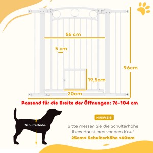 Weißes PawHut Türschutzgitter aus Stahl und Kunststoff, verstellbar von 76-104 cm Breite.