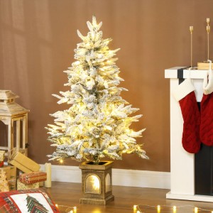 Künstlicher Weihnachtsbaum, 120 cm, schneebedeckt, mit warmweißen LEDs und rustikalem Sockel.