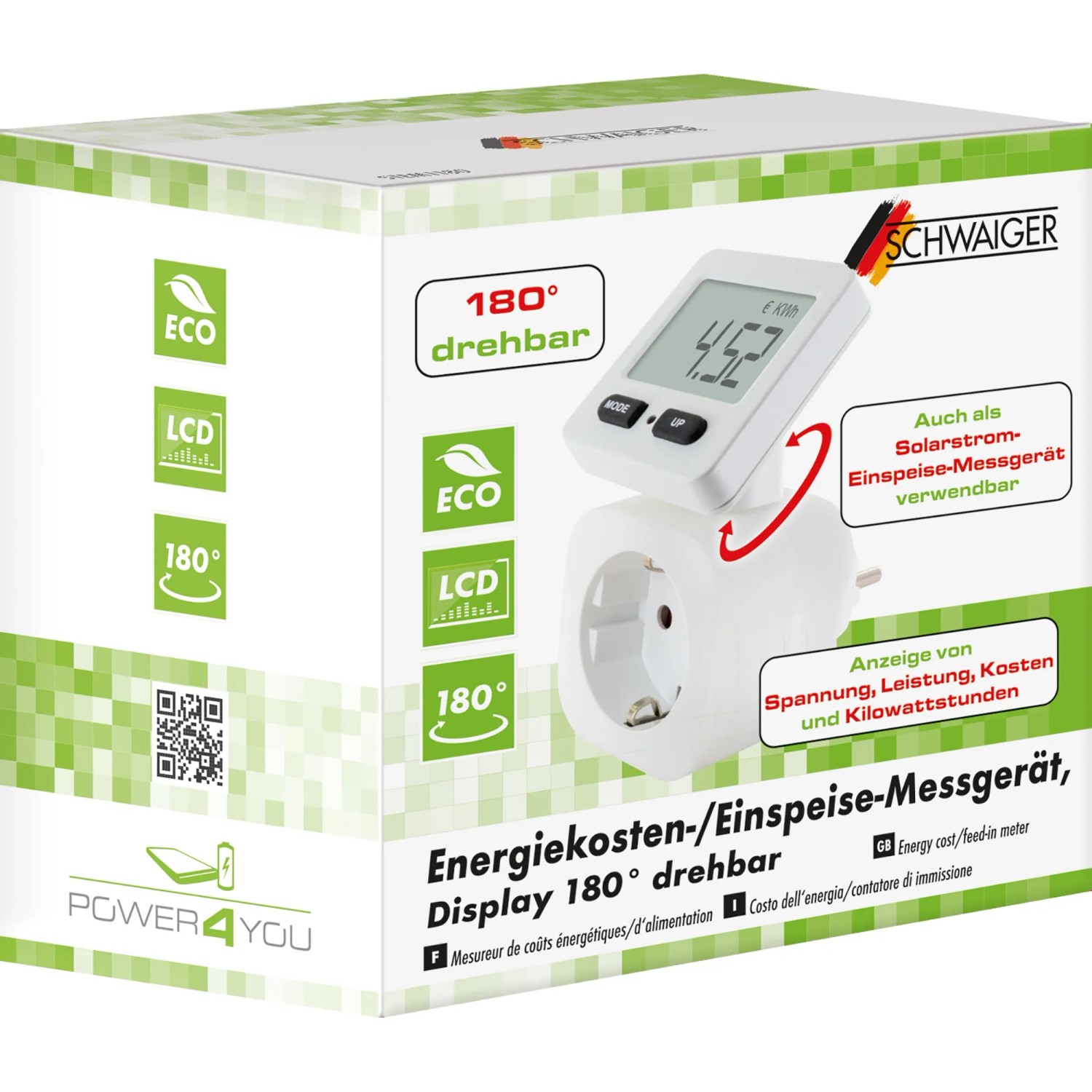 Schwaiger Energiekostenmessgerät mit drehbarem Display zur Messung von Stromverbrauch und Einspeisung.