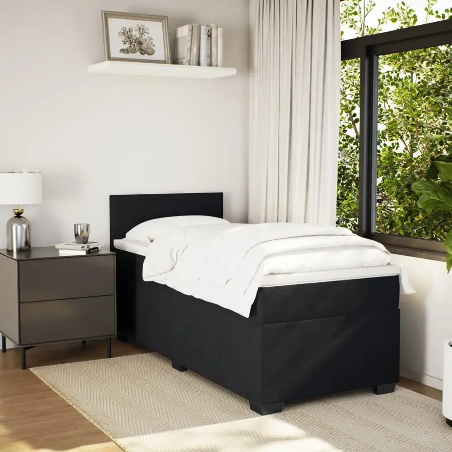 Schwarzes vidaXL Boxspringbett mit Matratze (100x200 cm) und Kopfteil im Schlafzimmer.