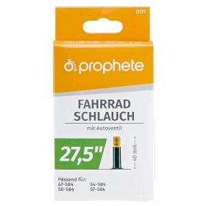 Prophete Fahrradschlauch 27,5 Zoll mit Autoventil in gelber Verpackung.