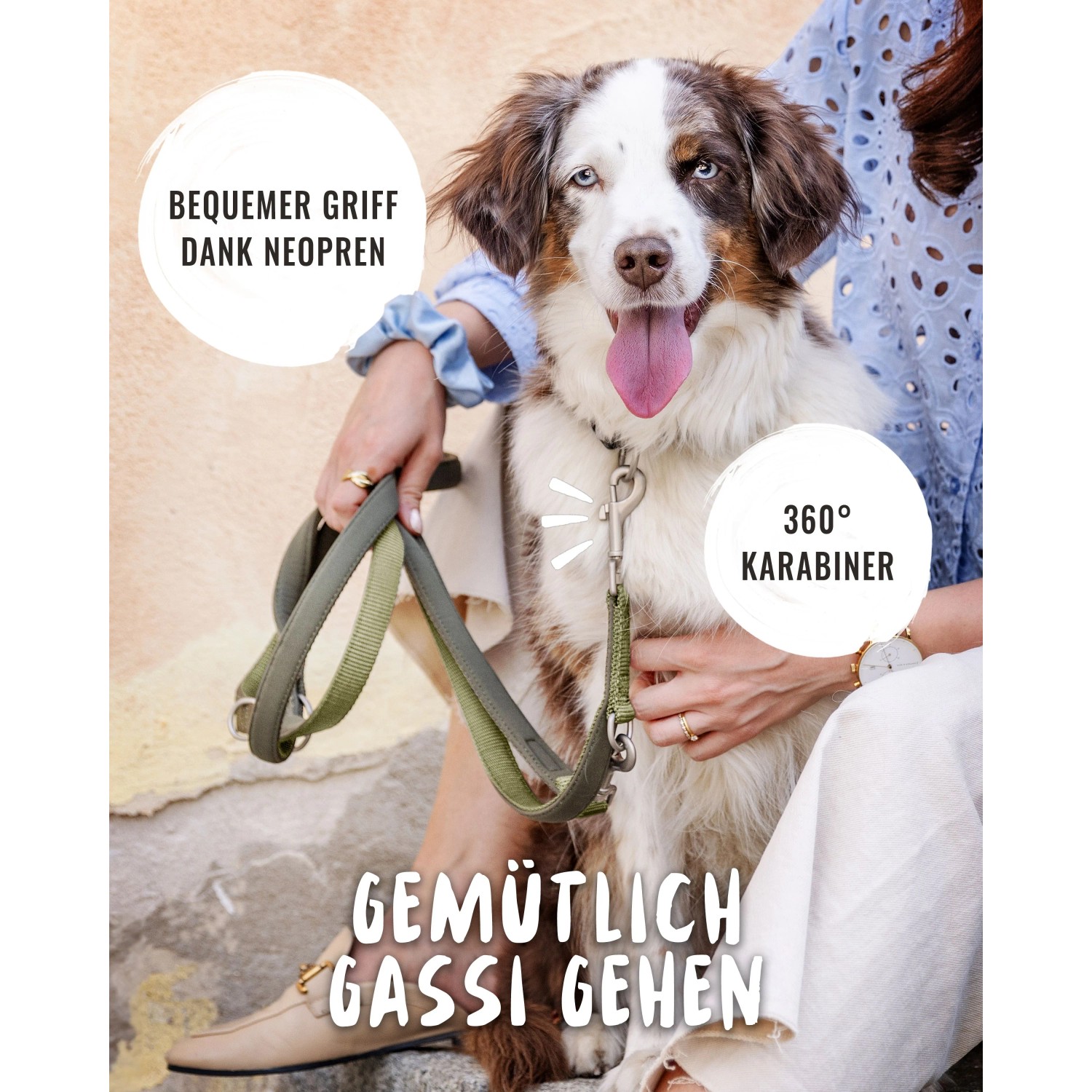 Grüne Rudelkönig Hundeleine Bella mit Neopren-Griff und 360° Karabiner.