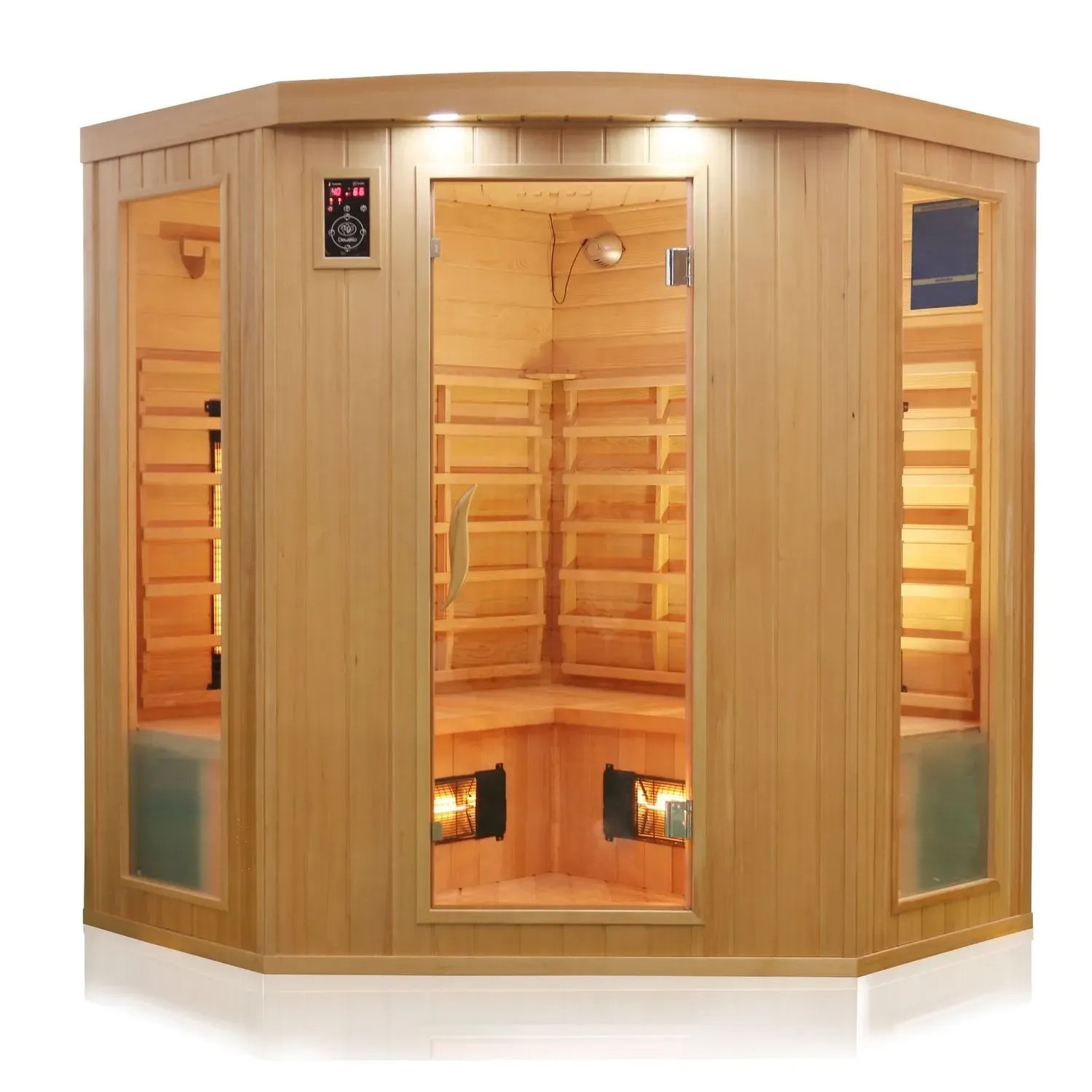 Dewello Infrarotkabine Haley für 2-4 Personen aus Hemlock Tannenholz mit Glasfront.