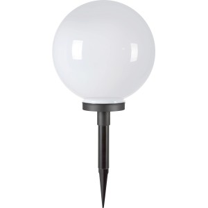 Weiße Deko-Außenleuchte Moneglia in Kugelform mit Erdspieß für den Garten.