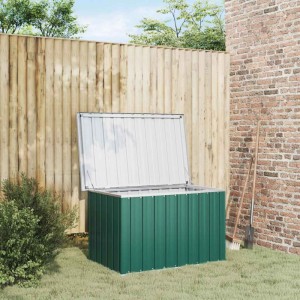 Geöffnete, grüne furnicato Gartenbox (109x67x65 cm) aus Stahl im Garten.
