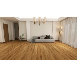 Wohnraum mit Vinylboden Autumn Oak Mittel, 4 mm, schwimmend verlegt.