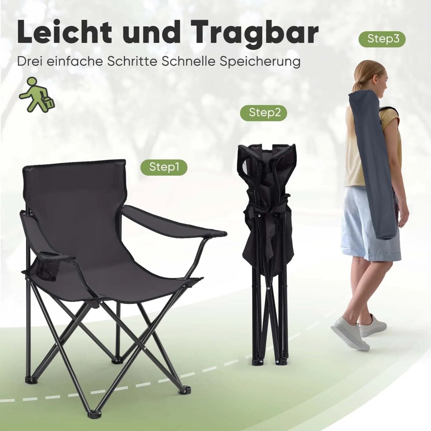 Sunula Campingstuhl, grau, mit Getränkehalter, faltbar in 3 Schritten, leicht zu transportieren.