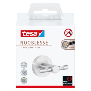 Tesa Doppelhaken Nooblesse Edelstahloptik, Handtuchhalter zur Wandmontage ohne Bohren.