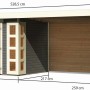 Karibu Holz-Gartenhaus Sölve terragrau mit Flachdach und Maßangaben.