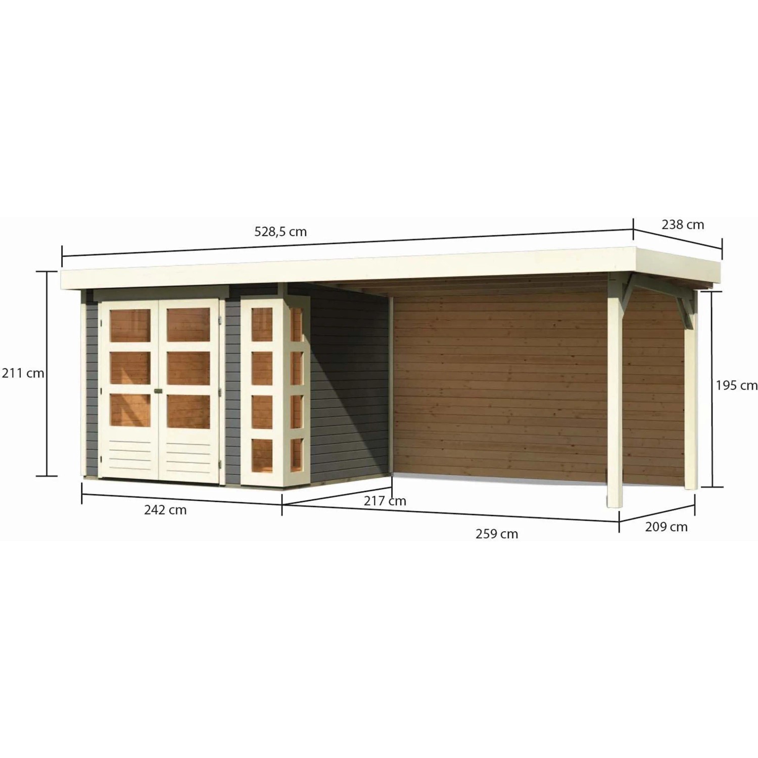 Karibu Holz-Gartenhaus Sölve terragrau mit Flachdach und Maßangaben.