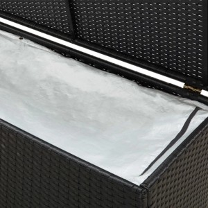 Schwarze VidaXL Gartenbox aus Rattan, geöffnet, mit PE-Innenfutter. Universalbox für Garten.