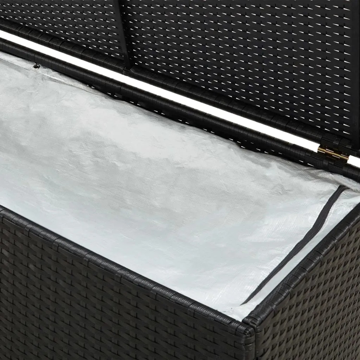 Schwarze VidaXL Gartenbox aus Rattan, geöffnet, mit PE-Innenfutter. Universalbox für Garten.