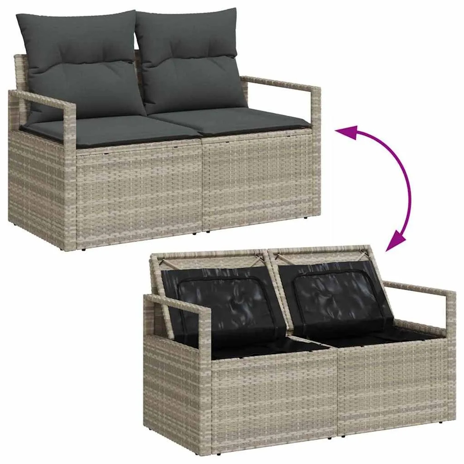 Hellgraues 7-teiliges Garten-Sofa-Set mit Stauraum aus Poly Rattan.