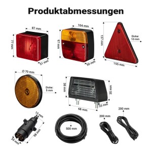 Wiltec Anhängerbeleuchtung Set mit 7-poligem Stecker. Zeigt Rückleuchten, dreieckige Rückstrahler, runde Reflektoren, Kennzeichenleuchte, Kabel.