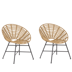 2er Set Beliani Gartenstühle, naturfarbenes Rattan, schwarzes Metallgestell, modernes Design.