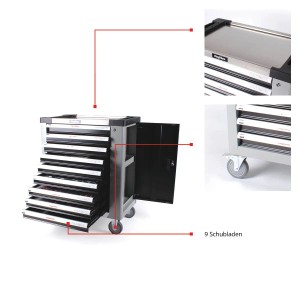 Mephisto Premium XXL Werkzeugwagen mit 9 Schubladen und Ringschlüssel-Set, grau/schwarz.