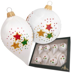 8-tlg. Set: Weiße Krebs Glas Lauscha Weihnachtskugeln und -Tropfen (7cm) mit bunten Sternen.
