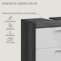 Detailaufnahme: Waschbeckenunterschrank in Weiß-Rauchsilber mit 2 Schubladen. Robuste Oberfläche.
