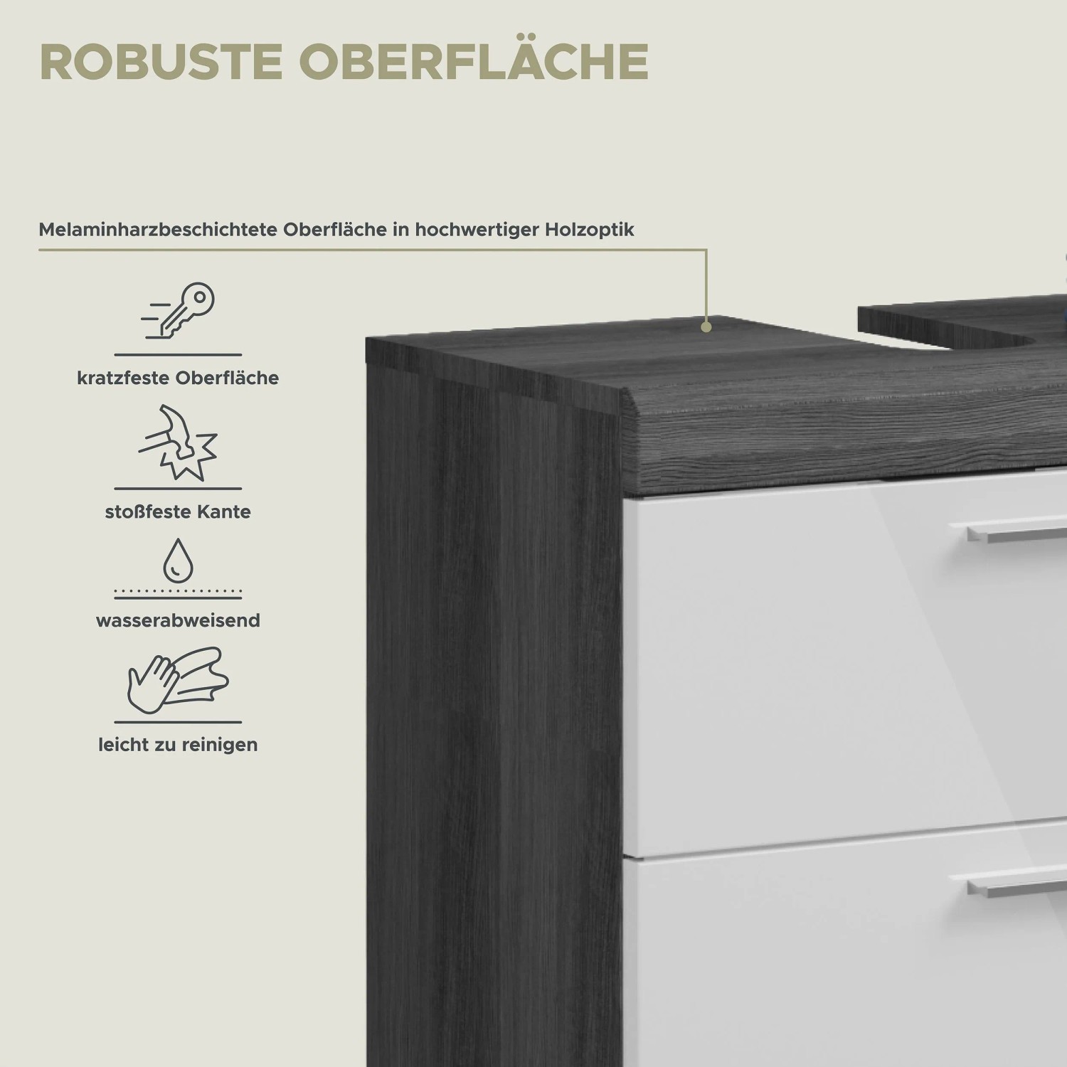 Detailaufnahme: Waschbeckenunterschrank in Weiß-Rauchsilber mit 2 Schubladen. Robuste Oberfläche.