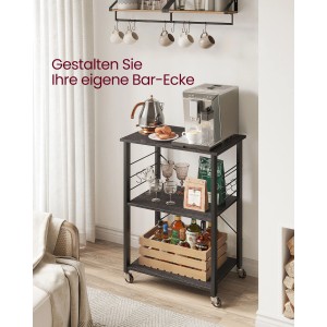 Schwarzes Vasagle Küchenregal mit Rollen, 40x60x89 cm, 3-stufig mit Getränken und Geschirr dekoriert.